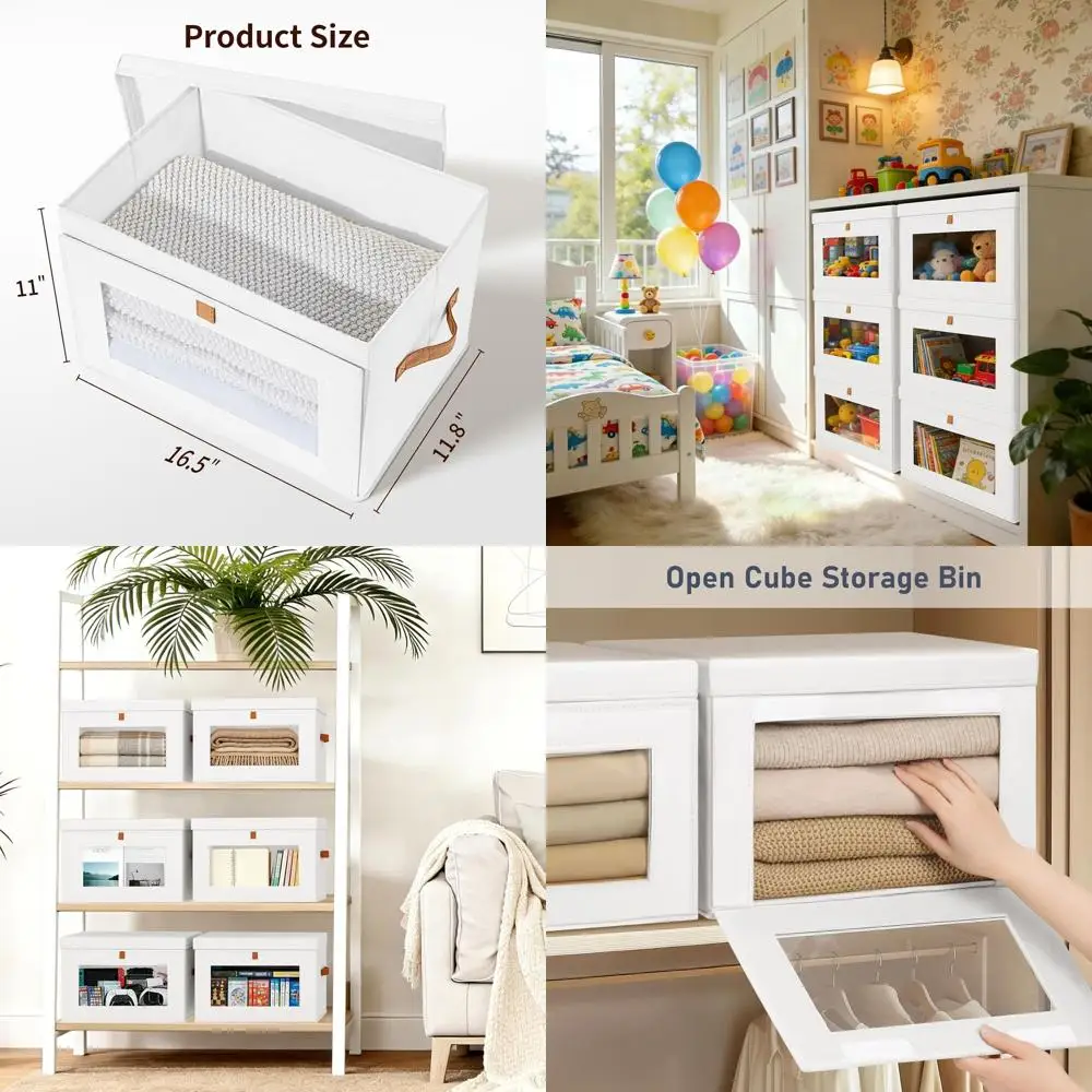 

Набор из 4 больших тканевых контейнеров для хранения с крышками, окном и ручками - Складные органайзеры для книг, одежды и одеял