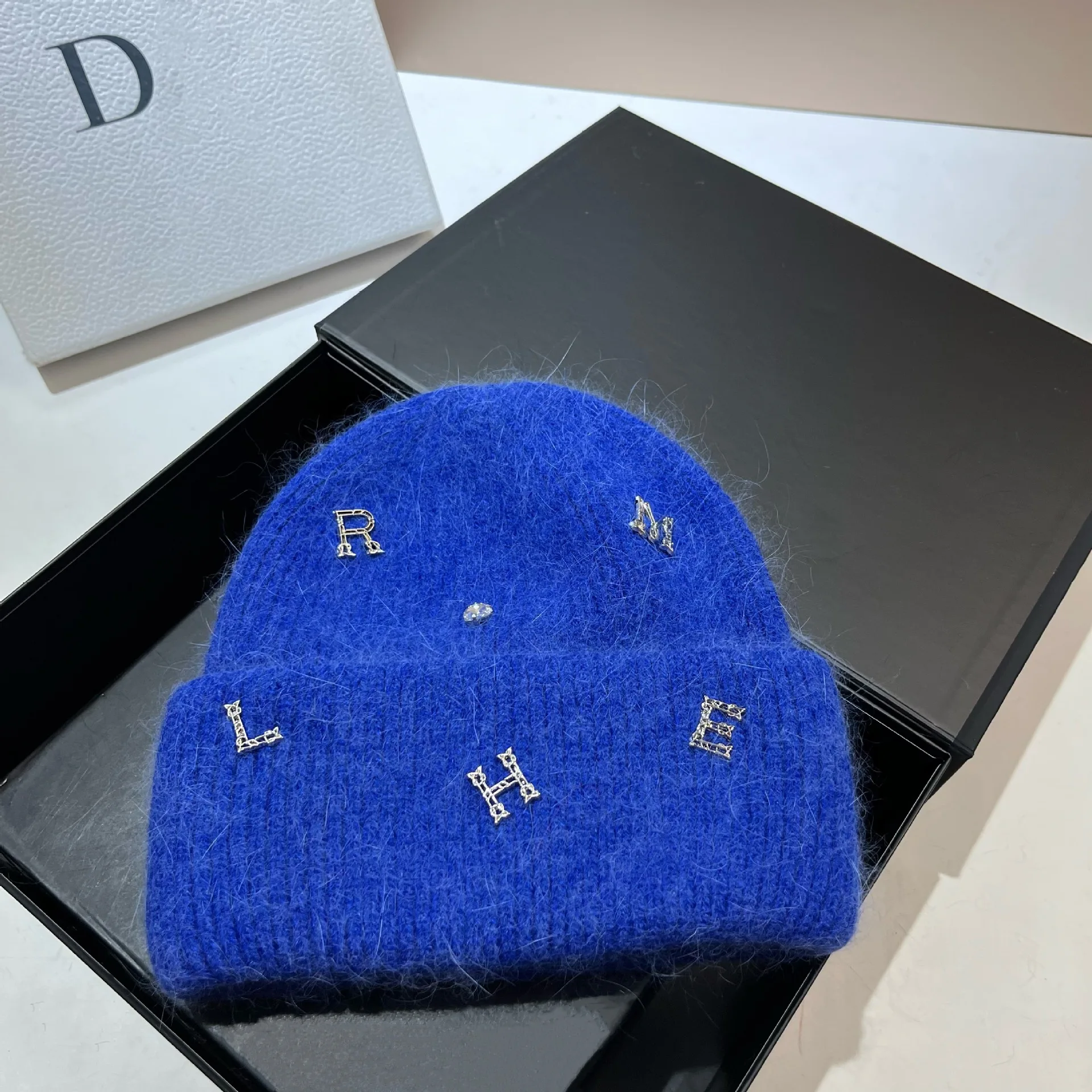 Designer Rhinestones Letter Women\'s Winter Knitted Hat Real Rabbit Fur Warm Beanie Lady Wool Skullies Beanies Skiing Cap