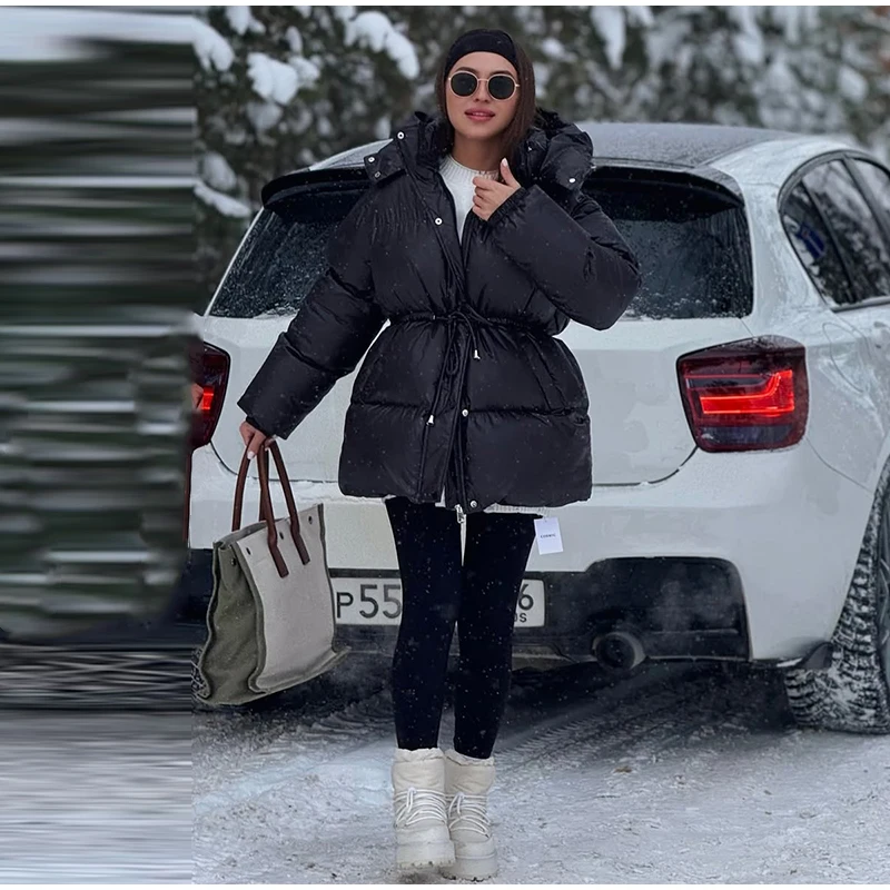 Women's Winter Jacket Hooded Drawstring Zipper Stand-Up Collar Lace Up Winter Jacket Female Loose Casual Chic Jackets For Ladies
