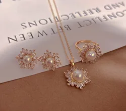 Hot Sell Shiny CZ Zircon Flower Design Natural Freshwater Pearl 14k Gold Filled For Women Necklace Earrings Ring Jewelry Sets