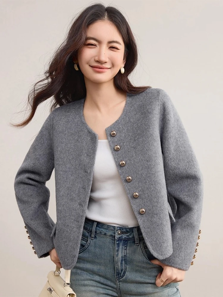 

SENTUBILA Wool Coat for Woman Solid Winter 2025 O-neck Long-sleeve Coats Metal Mushroom Button Women's Clothing W54OG3691X