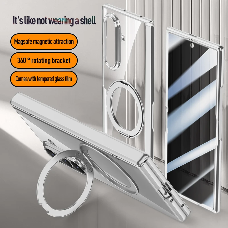 

Clear Electroplated Case For Samsung Galaxy Z Fold 7 Funda Holder Magnetic Full Protection Cover With Tempered Film Phone Cases