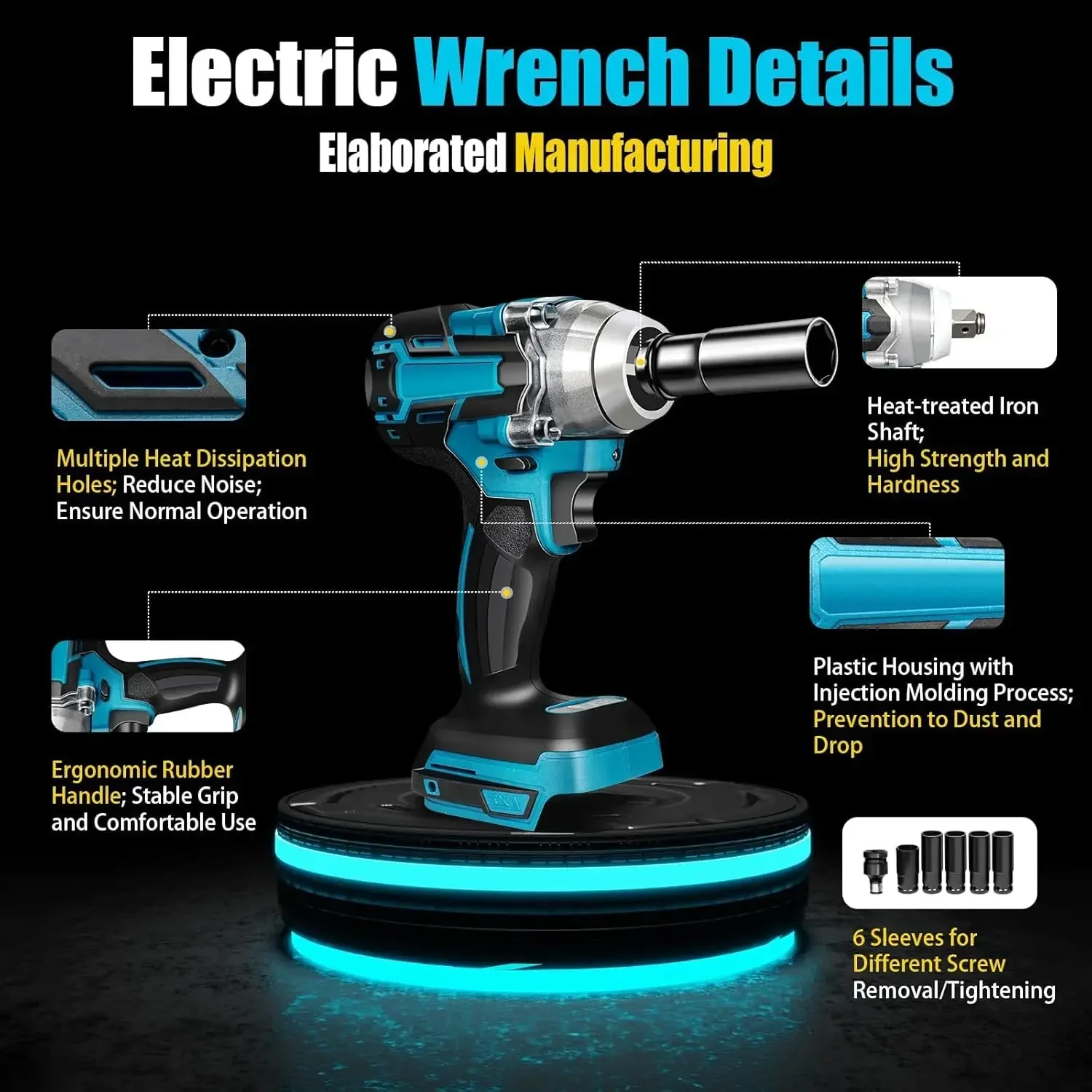 Cordless Brushless Impact Wrench 1/2’ Ratchet Square Screwdriver Drive Shaft 520nm 18v for Makita（No Battery, No Charger）