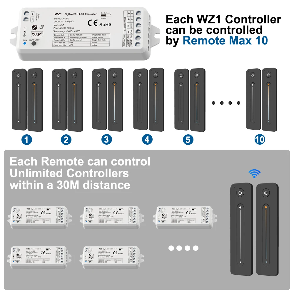 Tuya Zigbee Dimmer LED przełącznik 12V 24V 36V DC 2CH bezprzewodowy RF 2.4G zdalne WIFI inteligentne życie ct WW CW pasek kontroler w1 Dimer