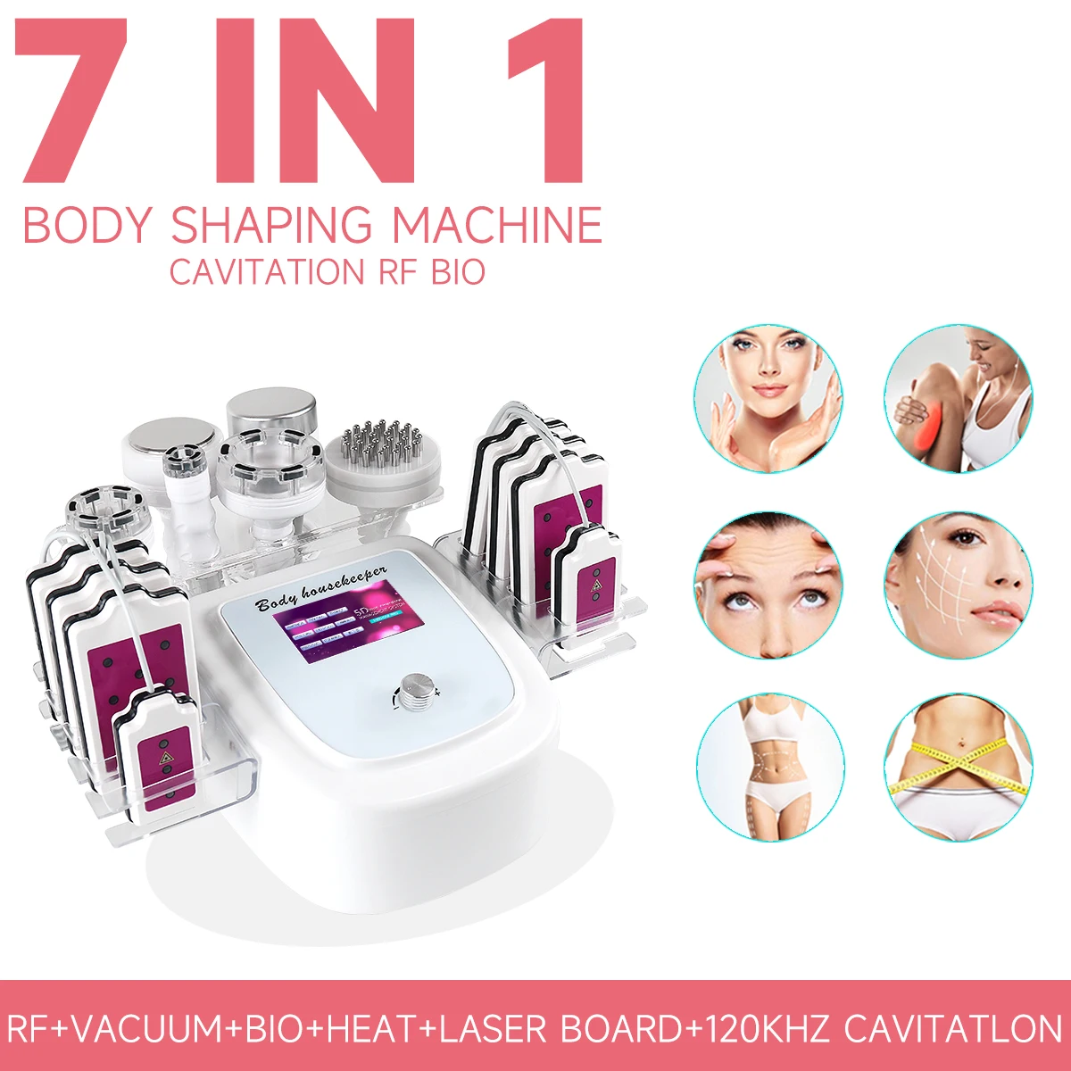 7 In 1 120K Ultrasonic Cavitation Vacuum Radio Frequency Purple Laser 8 Pads Lipo Slimming Machine Body Shaping Massage Salon