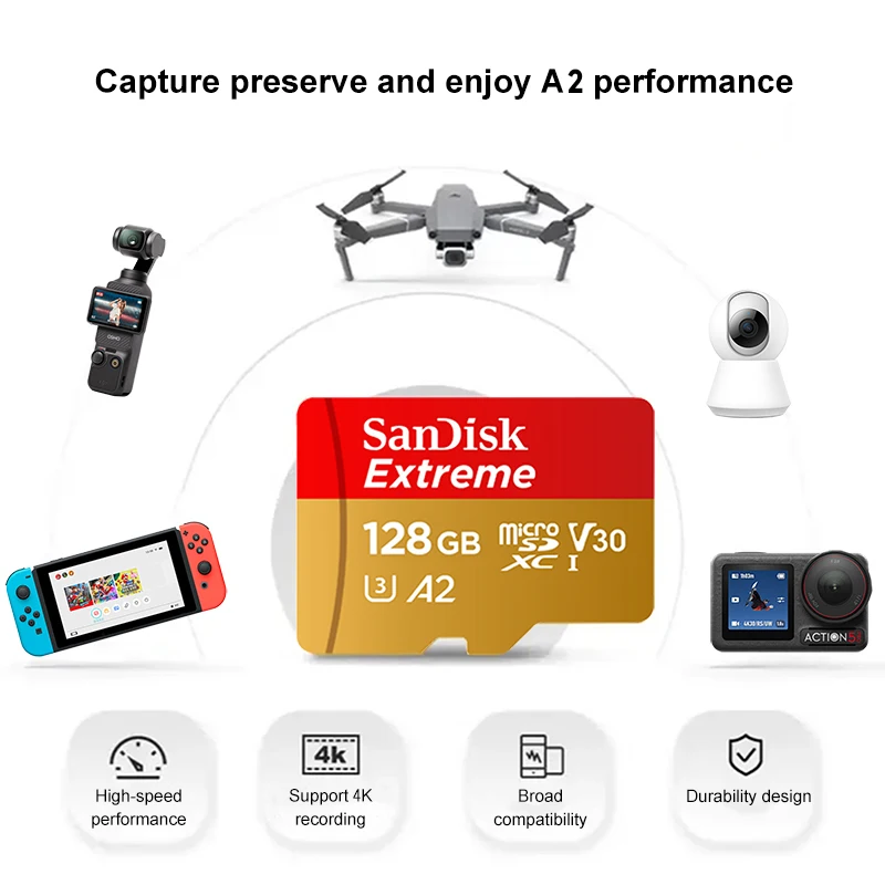sandisk-extreme-a2-v30-4k対応-microsdメモリーカード-ドローン、スマホ、ドライブレコーダー用-最大190mb-s-microsdxcフラッシュtfカード-32gb-64gb-128gb-256gb