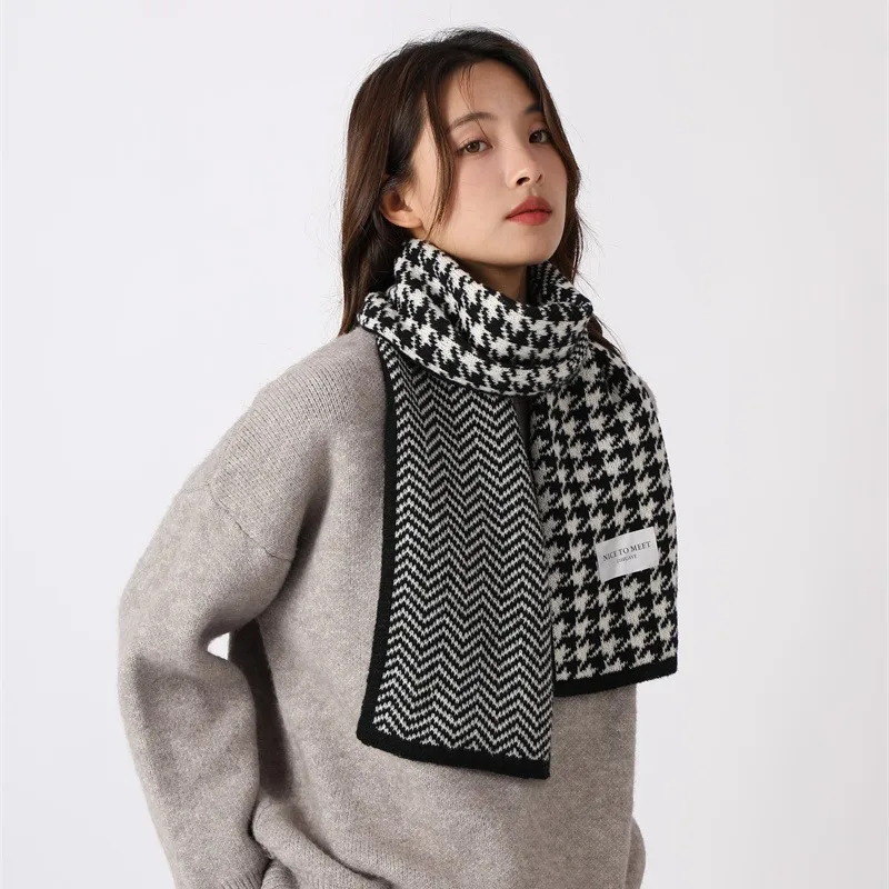 Panama Women\'s Autumn and Winter Checkered Knitted Wool Scarf Thickened Warm Neck Fashion Luxury Brand H129