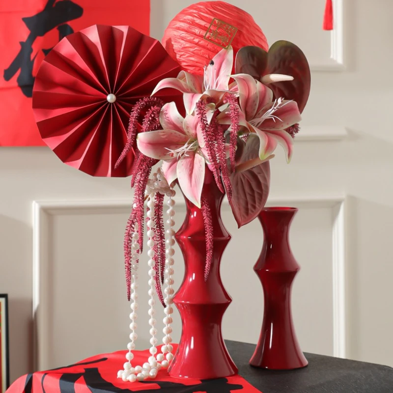 

Advanced Feeling Hydroponic Vase Bamboo Joint Vase Home Desktop Decoration Ornament Retro High Aesthetic Red Ceramic Vase New