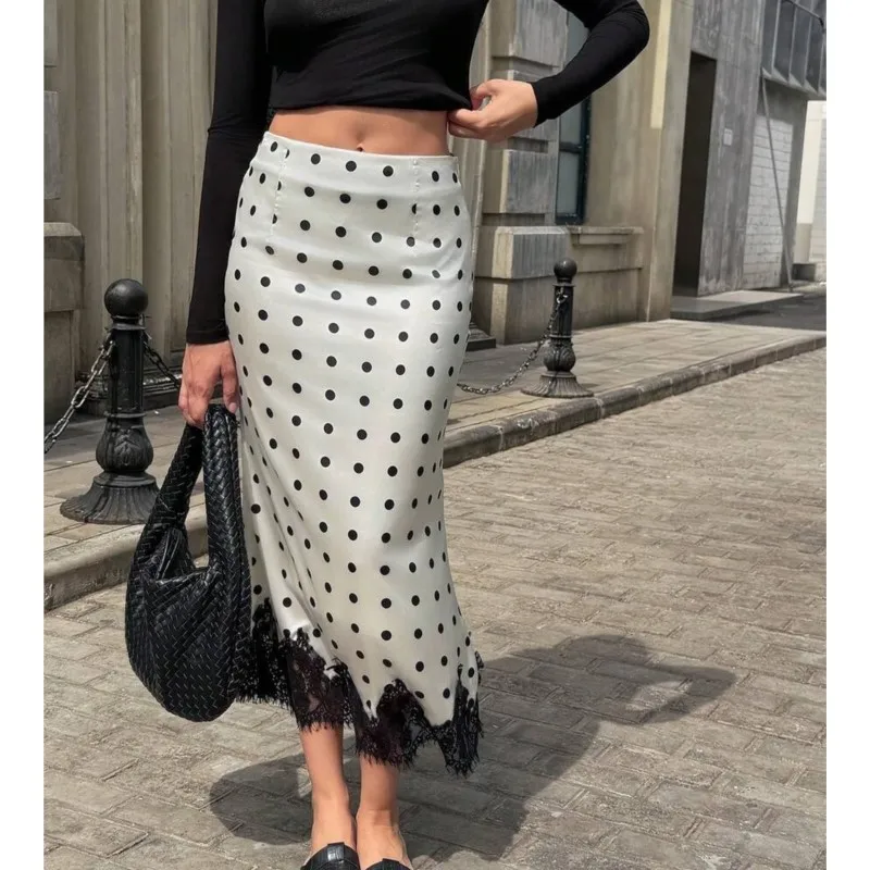 New Satin Polka Dot Lace Patchwork Mid Length Skirt Elegant And Slimming Hip Hugging Fishtail Skirt