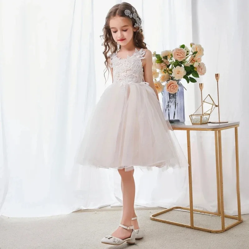 Champagne Flower Girl Dresses Tulle White Pattern Embroidery Sleeveless For Wedding Birthday Party First Communion Gowns