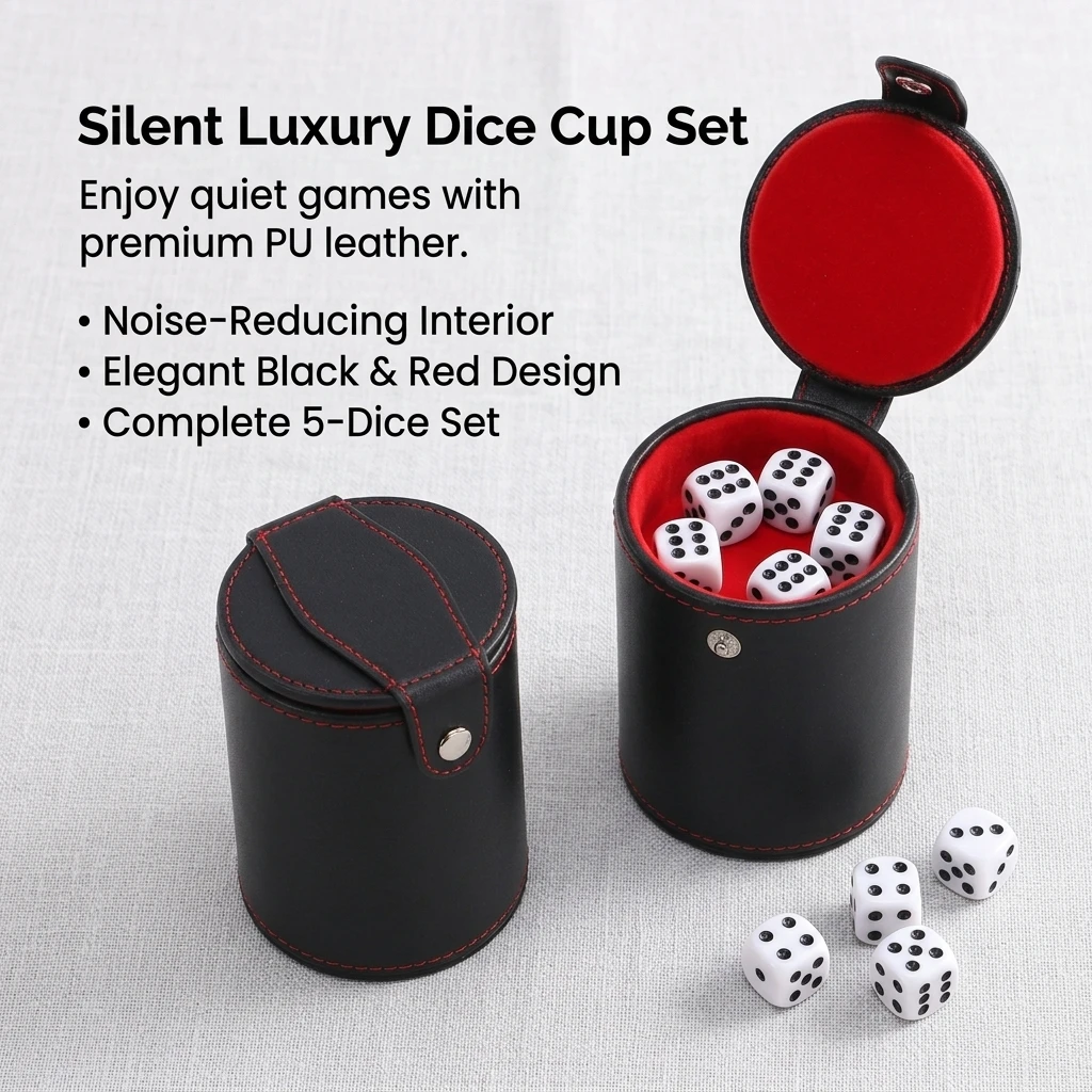 Double Layer Dice Cups, New Black PU Leather Red Flannel Dice Cups, Bar Game Supplies with 6 pcs Dices.