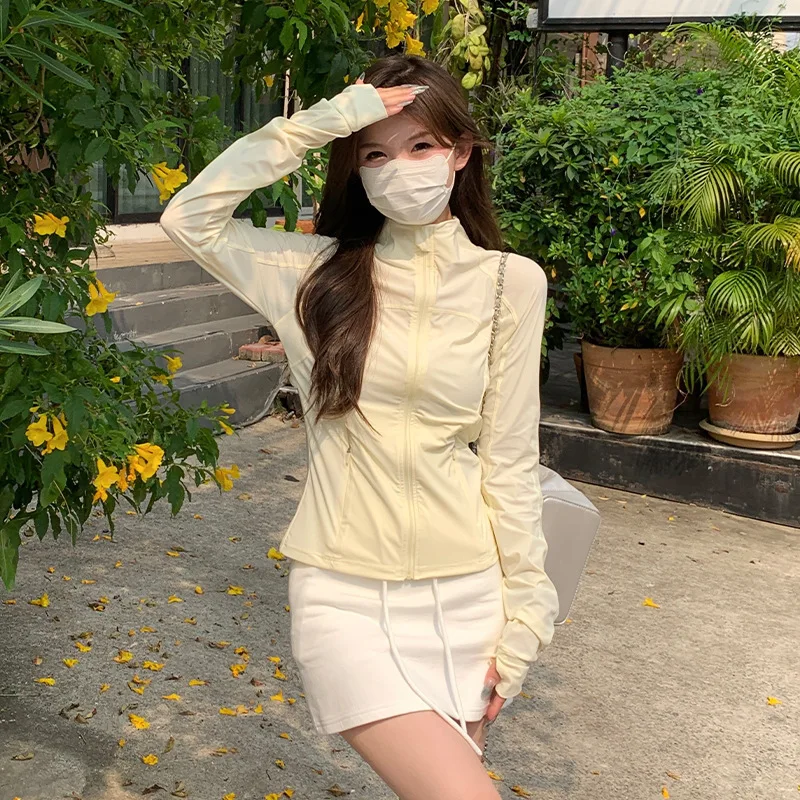 

Однотонная облегающая женская одежда для весны и лета: новая дышащая спортивная одежда для бега и йоги, стильная женская куртка на молнии