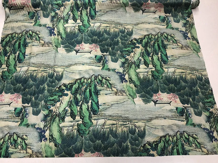 Designer Cloth 30 Momme Real Silk Spandex Satin Clothing Fabric Red Peach Blossoms and Green Willows Inkjet Dress Cheongsam