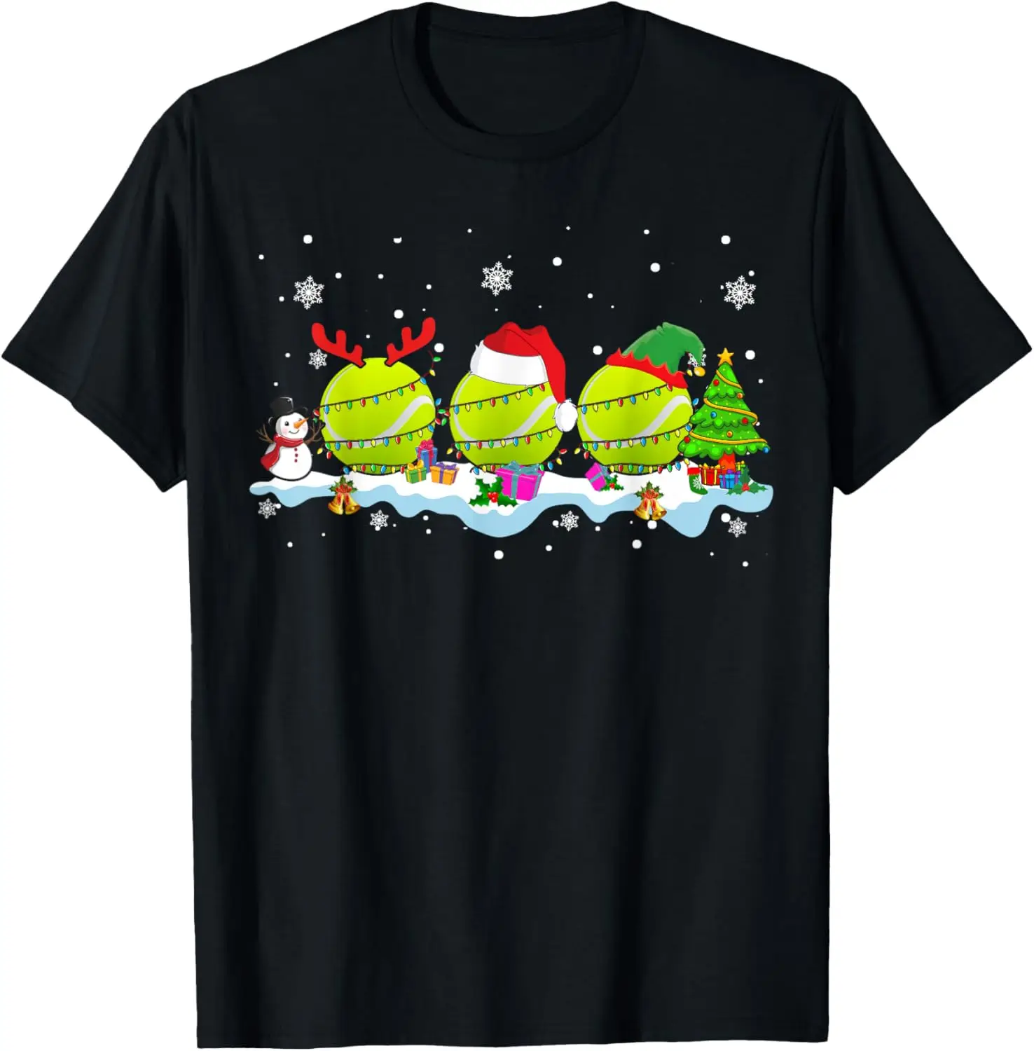 Three Santa ELF Reindeer Tennis Ball Cute Christmas Light T-Shirt