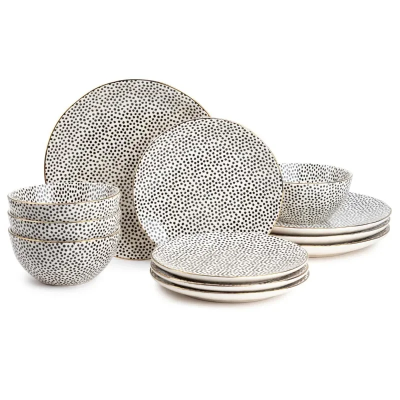 Table Dinnerware Black & White Dot Stoneware, 12 Piece Set