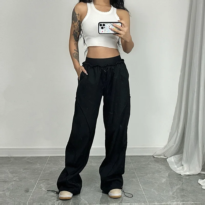 Street Style Line Stitching Design Hot Girl Dance Sweatpants Elastic Waist Versatile Cuffed Jogger Wide Leg Casual Pants