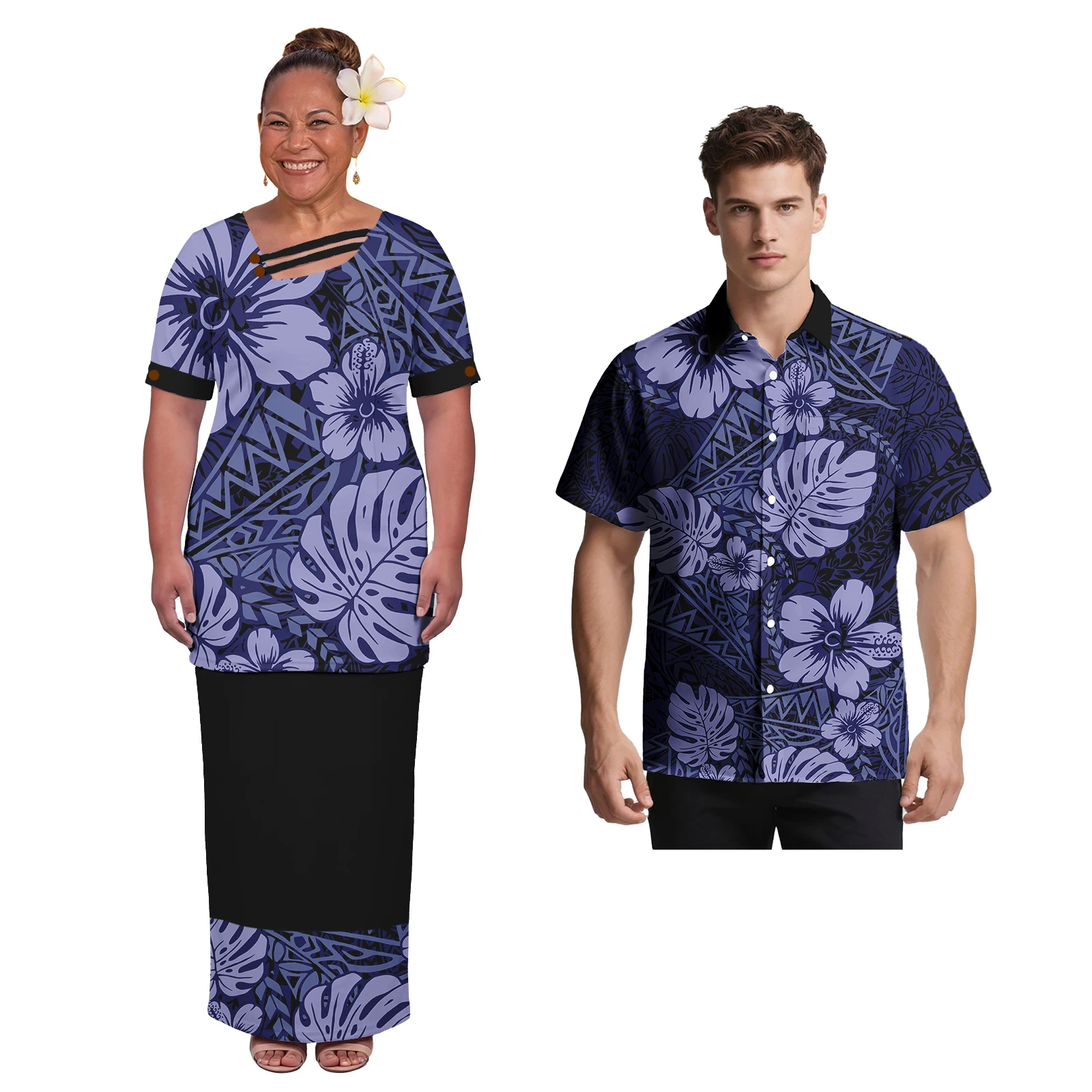 Latest Design Polynesian Women Asymmetric Neckline Puletasi Dress Men Beach Casual Shirts Samoan Church Matching Couple Outfits