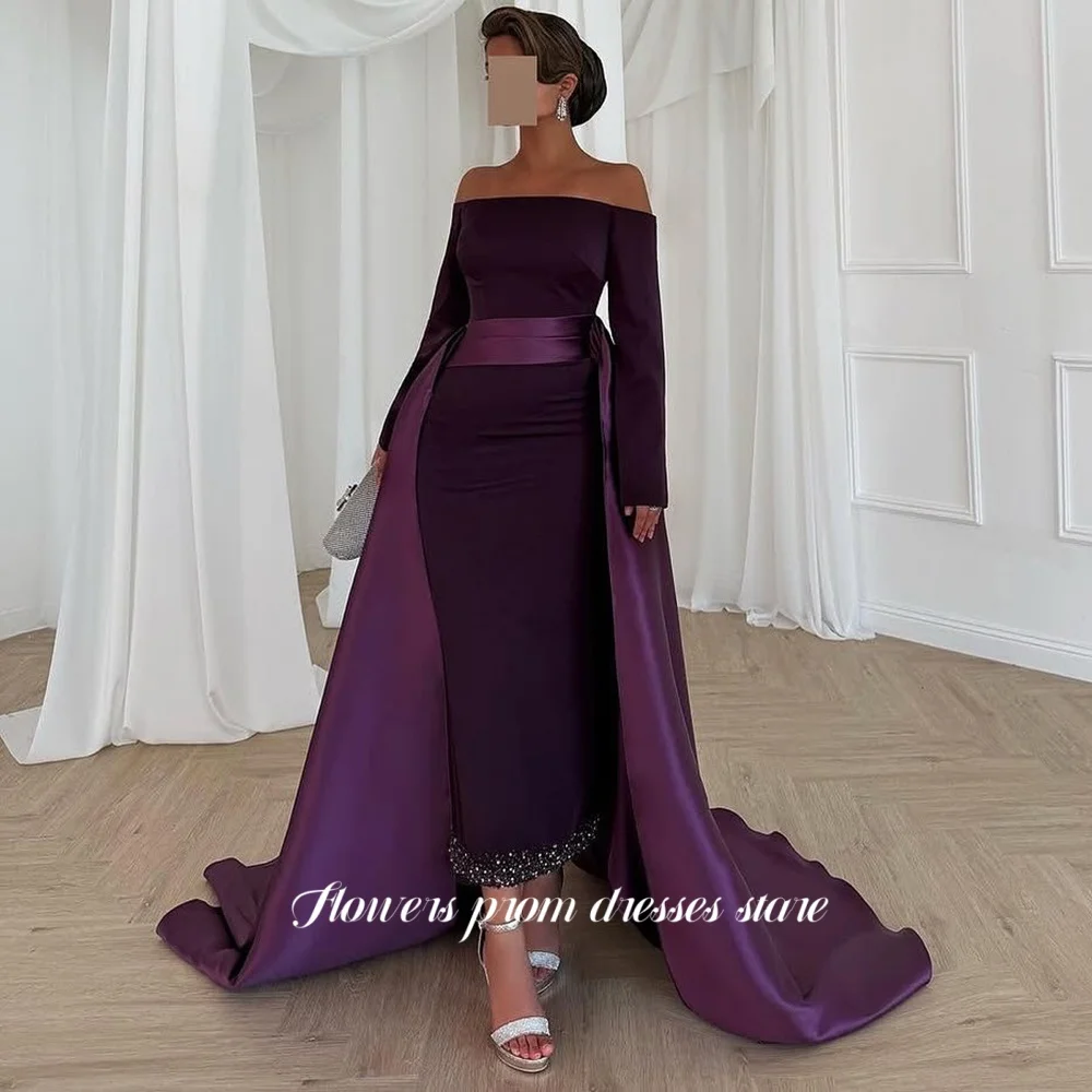 

Flowers A Line Party Dress Long Sleeve Evening Dress with Side Train Formal Celebrity Dress for Women vestidos fiesta Customized