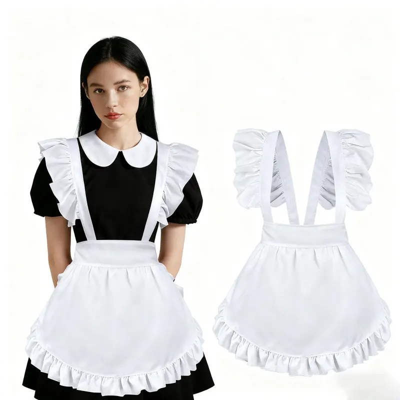 Lolita maid apron with ties, no pockets, ruffled waist apron, coffee shop workwear
