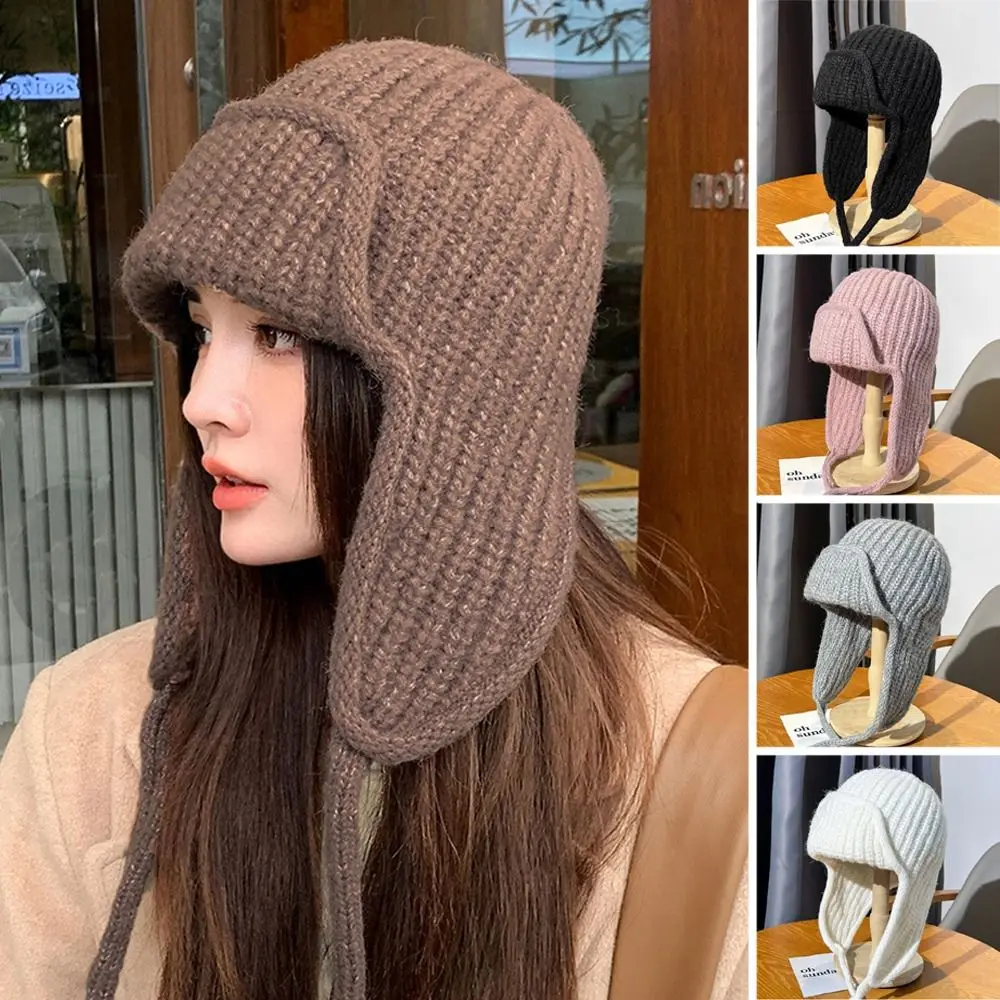 

Fashion Thickened Winter Knitted Hat Ear Protection Warm Lei Feng Hat Windproof Elastic Woolen Crochet Bonnet Outdoor