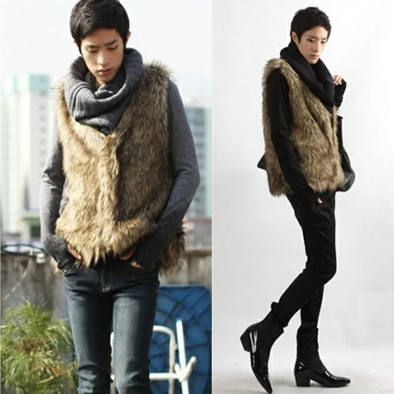 

Autumn Winter Fluffy Fur Coat Faux Fur Vest Sleeveless Cardigan Warm Jackets Streetwear Waistcoat Slim Tops Men's Clothing New