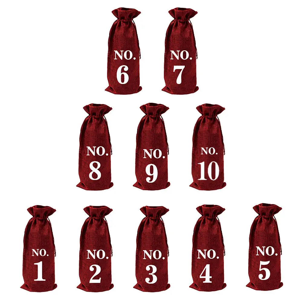 

10Pcs Drawstring Wine Bottle Bags Jute Material Gift Set with Numbered Design for Christmas Thanksgiving Celebration