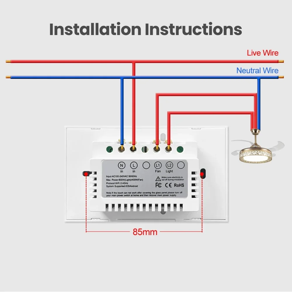 Shawader WiFi Tuya Smart Wall Light EU&US Fan Switch Lamp Controller Touch Glass Panel Wireless Remote Control Alexa Google Home