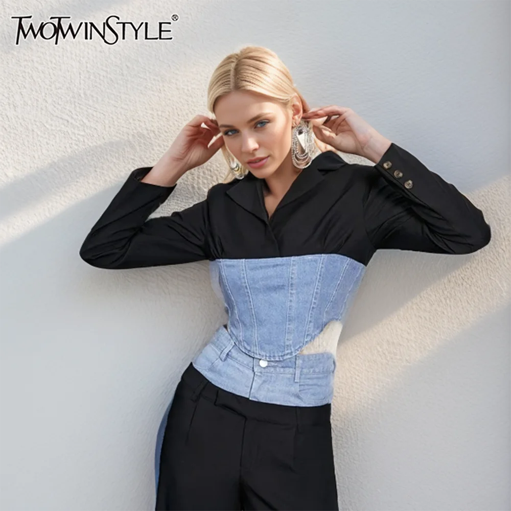 TWOTWINSTYLE Slimming Casual Blazers For Women Notched Collar Long Sleeve Hit Color Spliced Denim Blazer Female Fashion Clothing