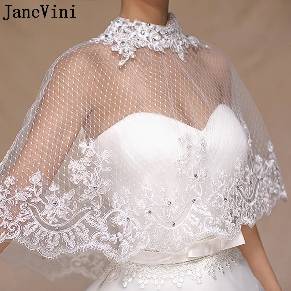 

JaneVini Summer High Neck Bridal Capes for Wedding Dress White Mesh Crystal Lace Wedding Jackets Woman Bolero Tulle Wraps Stoles