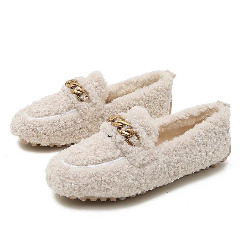 

Size 33-43 Furry Wool Loafers Winter Shearling Flats Female Warm Barefoot Cotton Shoes Winter Antiskid Sheep Fur Moccasins