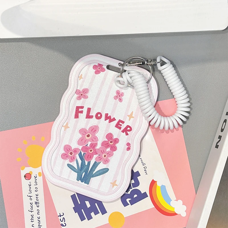 Pink Cute Flowers Photo Card Holder Design Idol Photo Sleeve Anti Lost Keychain Photocards Protector Case Student Meal Card