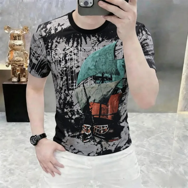 High Quality Summer Retro Printed T-shirt for Men, Fashionable Short Sleeved Slim Casual T-shirt Streetwear Men Clothing M-5XL