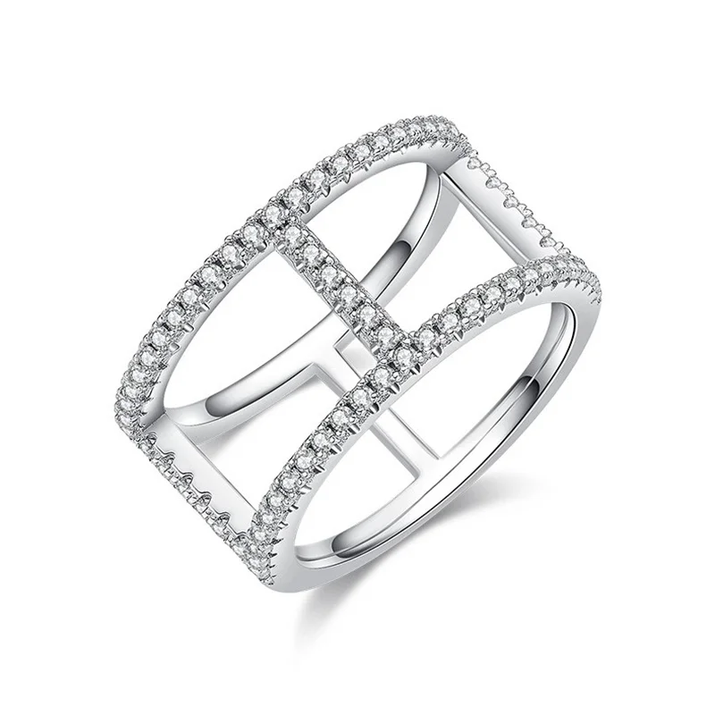 

ZFSILVER Fashion 925 Silver Classic White Moissanite Trendy Design 2 Row Circle Ring Women For Wedding Party Jewelry Gift R14339