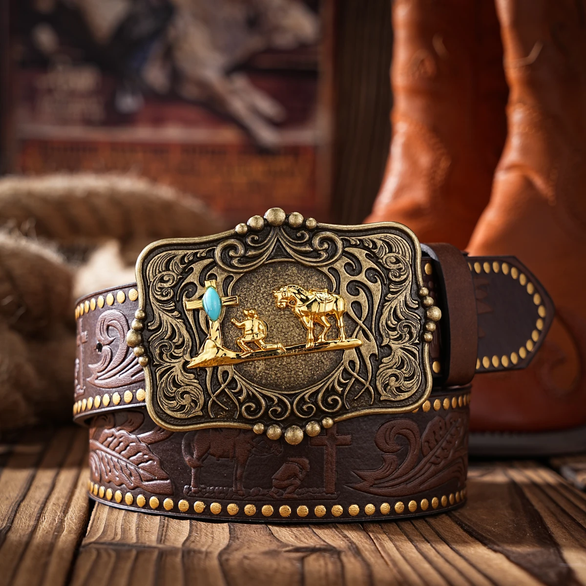 1pc Western Cowboy Style Belt - Suitable for Both Men and Women. Western Buckle PU Embossed Belt. Unique and Retro Design
