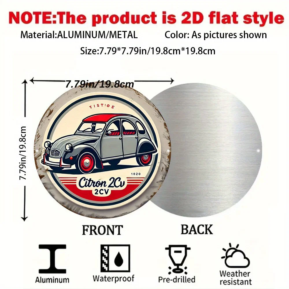 High Definition Metal Tin Sign Citroen 2CV Classic Car Vintage Round Wall Art Decor for Retro Auto Lovers Garage and Themed Home