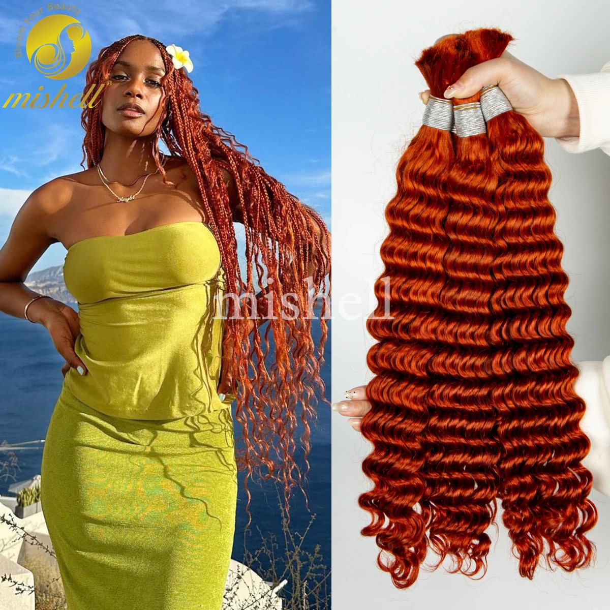 Onda profunda do cabelo humano para trançar, onda de água, cabelo virgem, sem trama, tranças boho, gengibre laranja, em massa, 100% não transformados, 28in, 350 #