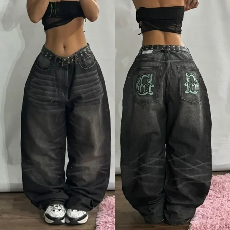 

Moroder American New Fashion Geometric Pattern Embroidered Baggy Jeans Women Y2K Harajuku Vintage Hip-hop Popular Casual Wide-le