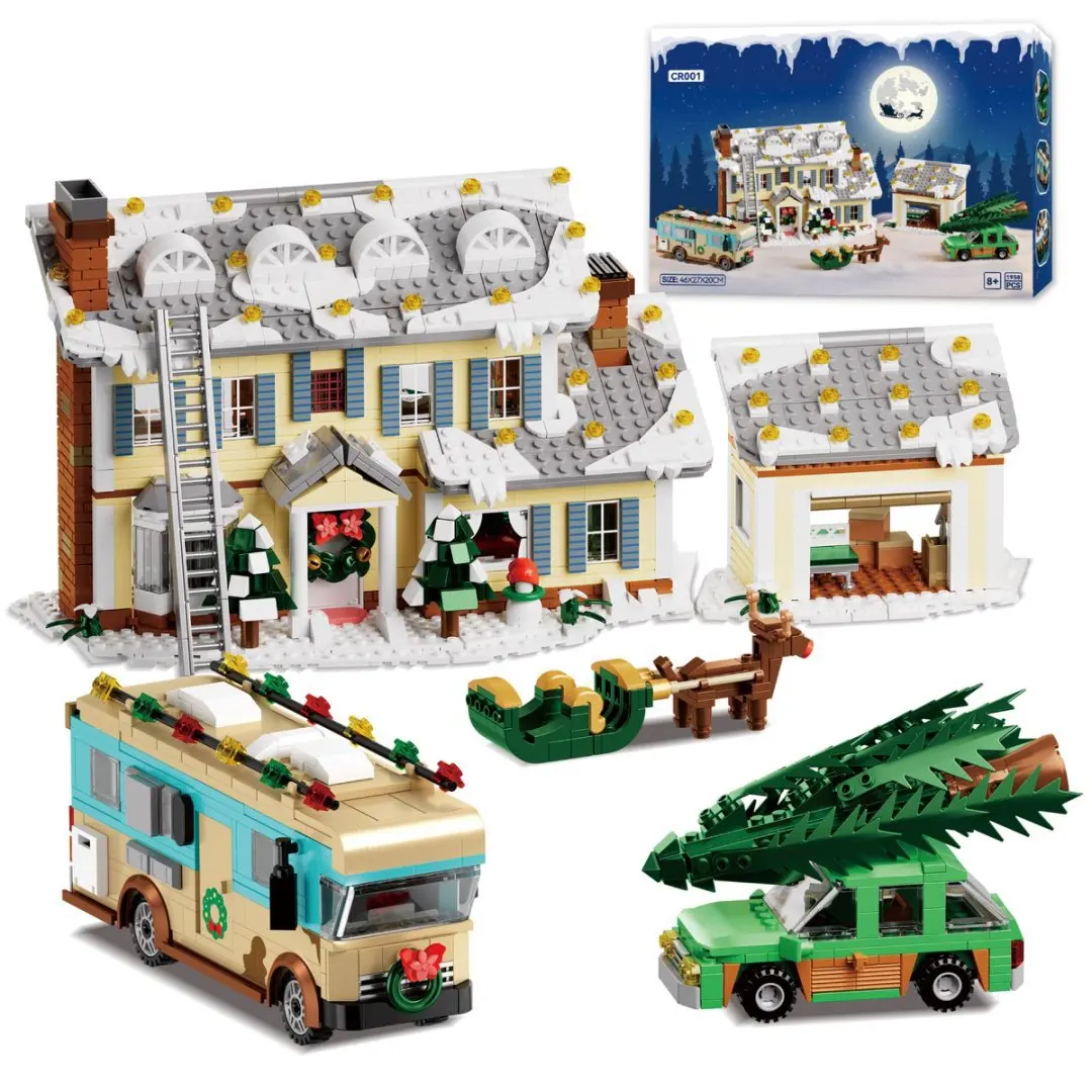 Christmas Vacation Winter House Building Blocks Set Snow Village Scene with RV Sled Christmas Tree Truck MOC Bricks Toy Gift