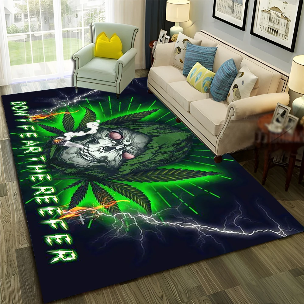 Smoke Maple Weed Plants Green Death Skull Carpet Rug for Home Living Room Bedroom Sofa Doormat Decor,Area Rug Non-slip Floor Mat