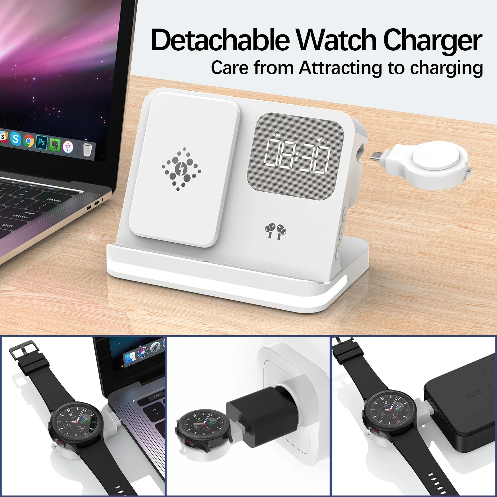 6 In 1 Wireless Charger Stand Clock For Samsung S23 S22 Fold 5 4 Galaxy Watch 7 6 5 4 Active 2/1 Buds Fast Charging Dock Station