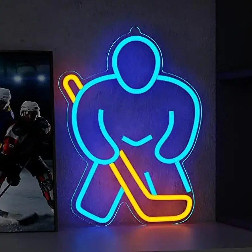 Ice Hockey Player Neon Sign LED Wall Art USB Powered Sport Theme Decor Game Room Man Cave Bedroom Bar Club Party Aesthetic Light
