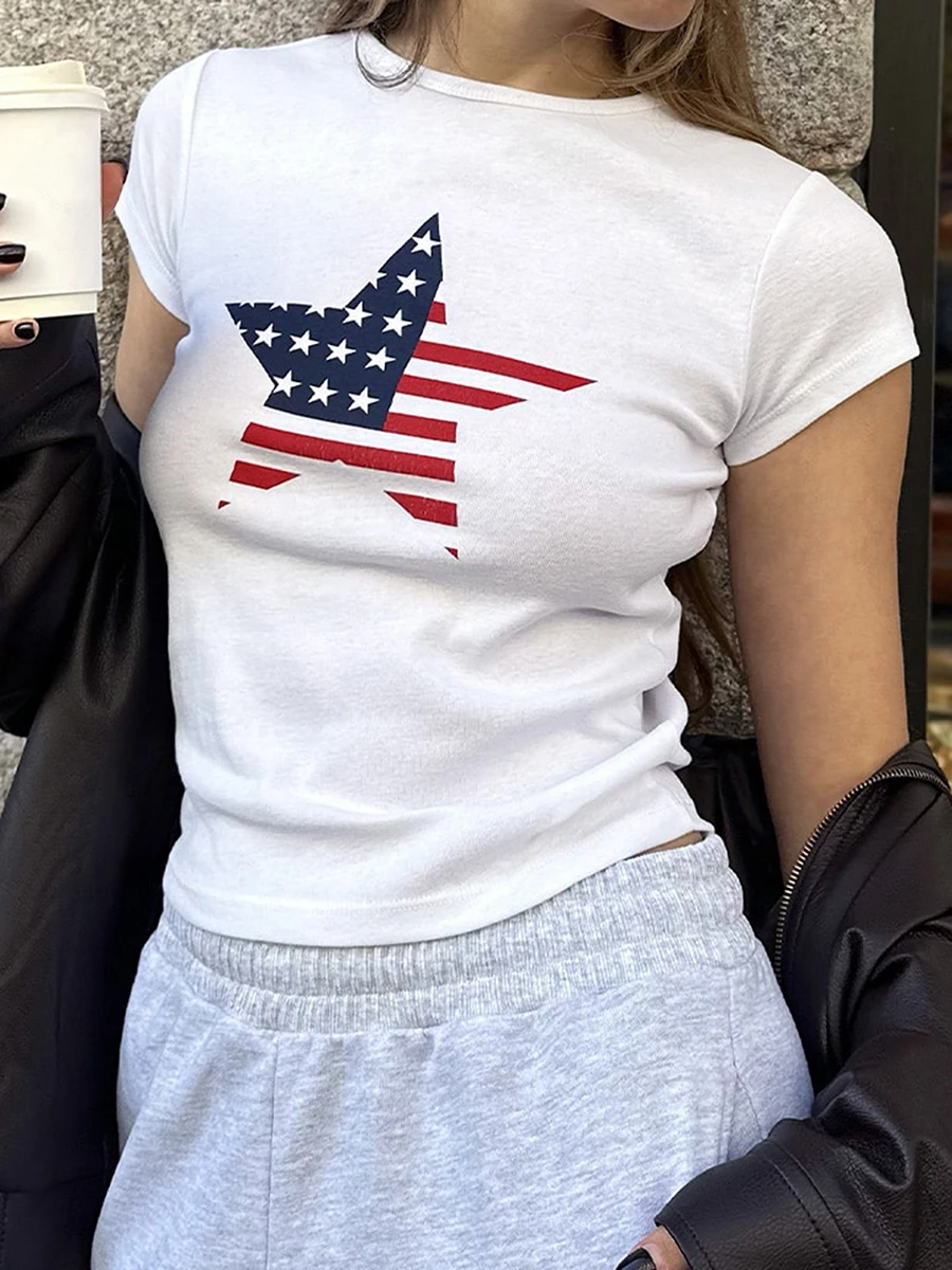 تي شيرت نسائي بقصة ضيقة بطبعة نجوم برقبة مستديرة وأكمام قصيرة ، تي شيرت بعلم الولايات المتحدة ، الرابع من قمم جولي ، غير رسمي #1