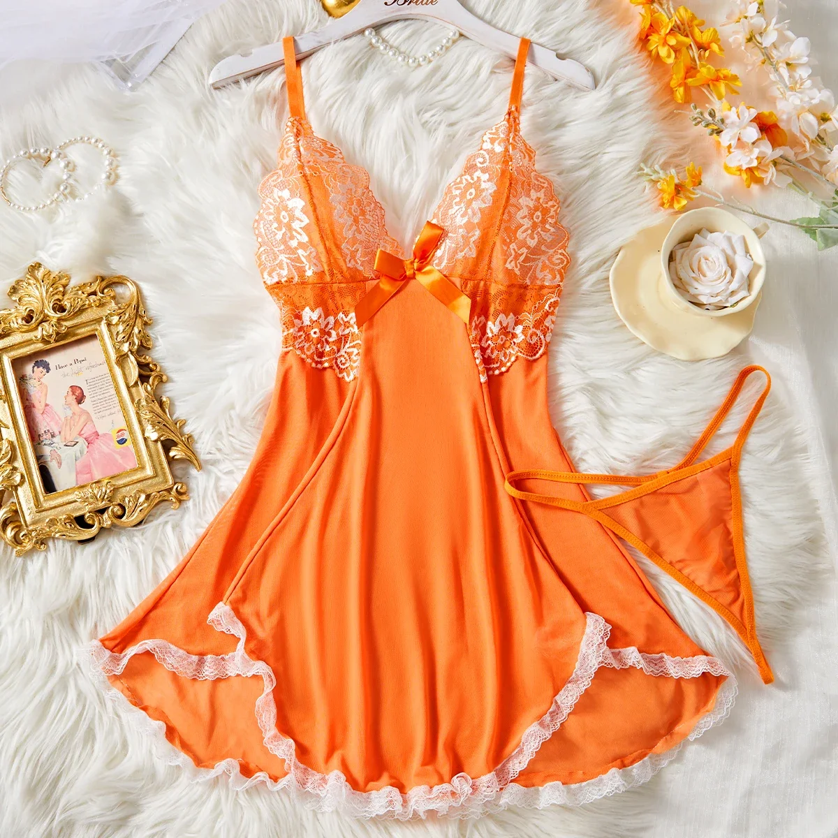 

Summer Transparent Orange Erotic Sexy Lingerie Babydoll Pajamas Nightgowns Off Shoulder Home Wear Dress Panties Exotic Costumes