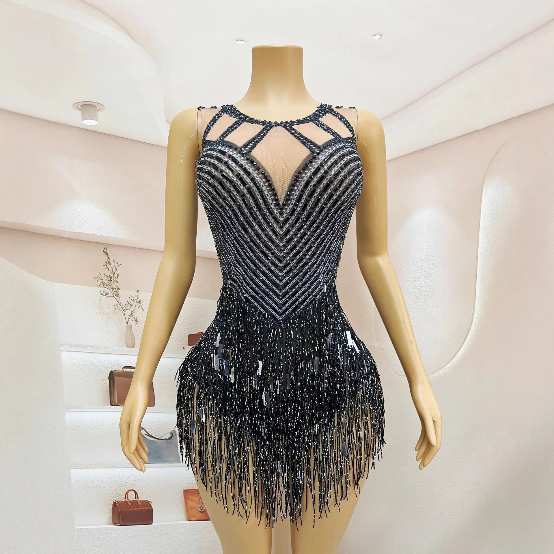 شرابة مطرزة حجر الراين نيسيي عالية شوكة أداء الرقص اللاتينية فستان سهرة الأميرة حفلة عيد ميلاد عشاء ترفرف