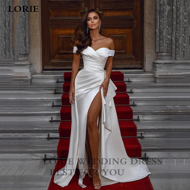 LORIE vestido de novia plisado de satén con abertura lateral, vestido de novia Sexy, vestido de fiesta de boda con hombros descubiertos, tren largo