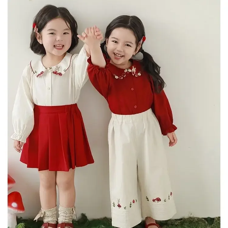 Girls Three-dimensional Embroidered Lapel Shirt 2024 Autumn Fungus Flower Blooming Pleated Cuffs Casual Doll Collar Top