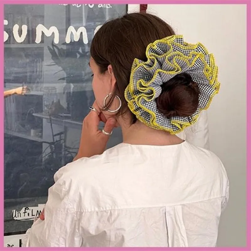 

Exaggerated Colored Plaid Four-layer Ruffled Large Scrunchies 2024 Spring Summer Women Handmade Oversized Hair Band Headdress