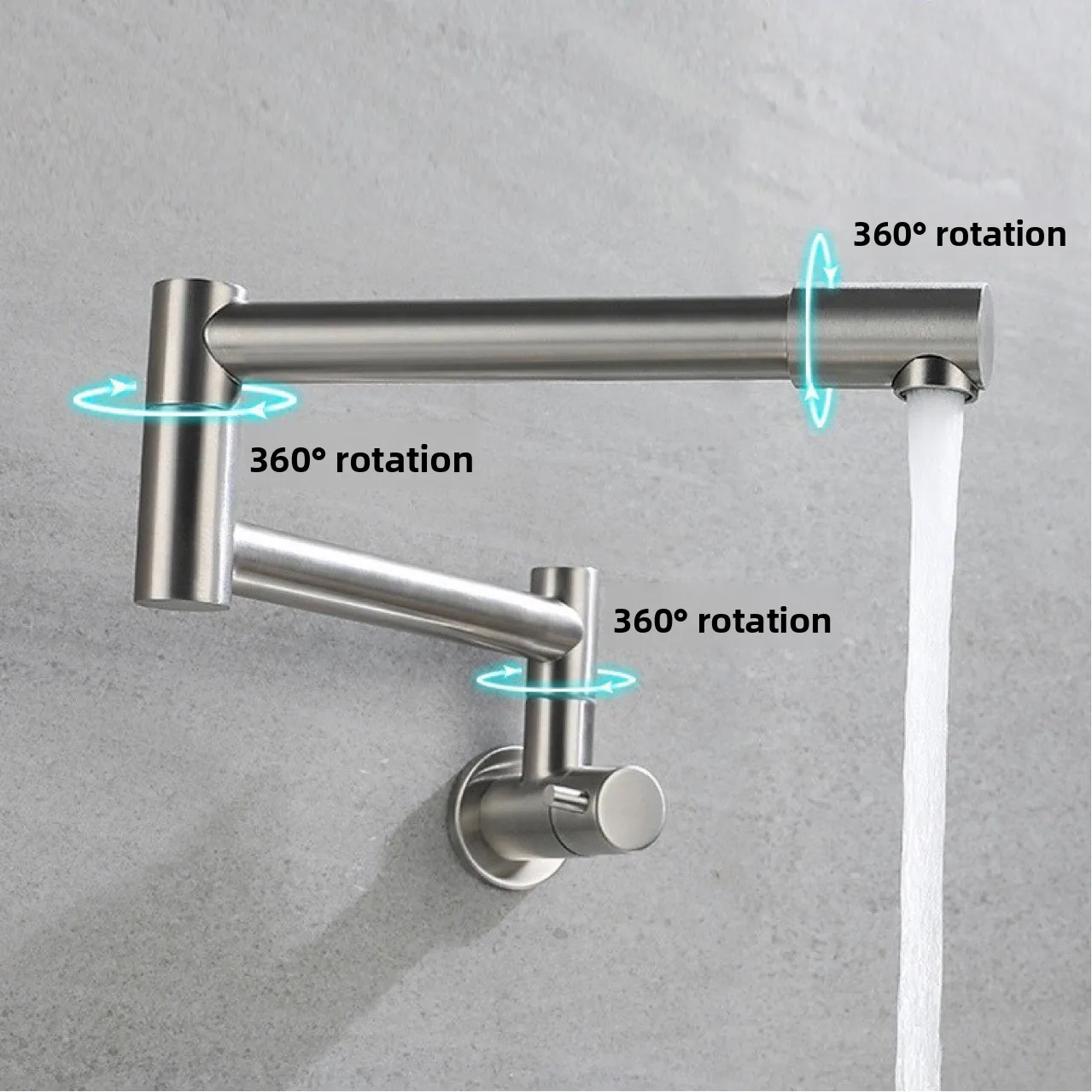304 Stainless Steel Wall‑in Kitchen Tap Single Cold Fold Long Swing Spout 360° Rotation Wall Mount Faucet for Sink Basin view 5