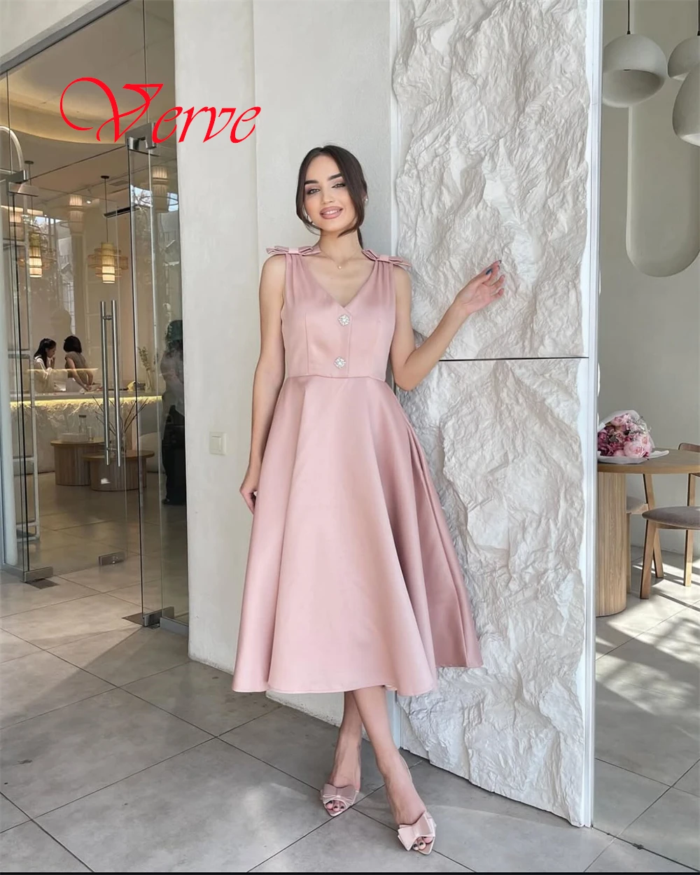 Customized High Quality Pink Jersey Evening Dress Exquisite V-Neck Butterfly Sleeves Sleeveless Crystal Special Occasion Gowns