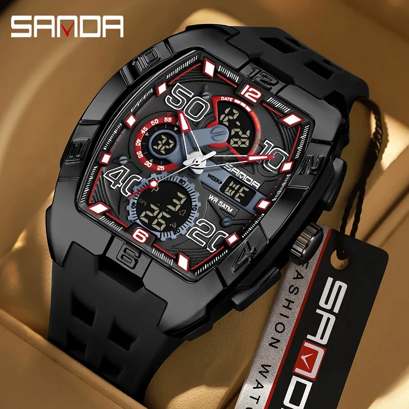 SANDA Fashion Watch for Man Tonneau Dial Multi-function Dual Display LED Luminous Sports 5Bar Waterproof Military Students Watch